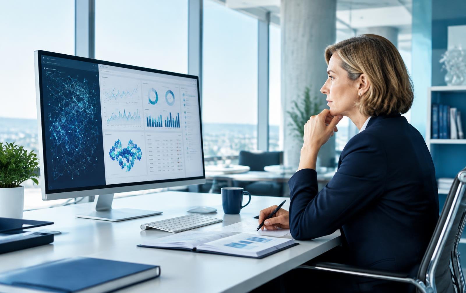 Business manager evaluating artificial intelligence and operational analytics in a modern office