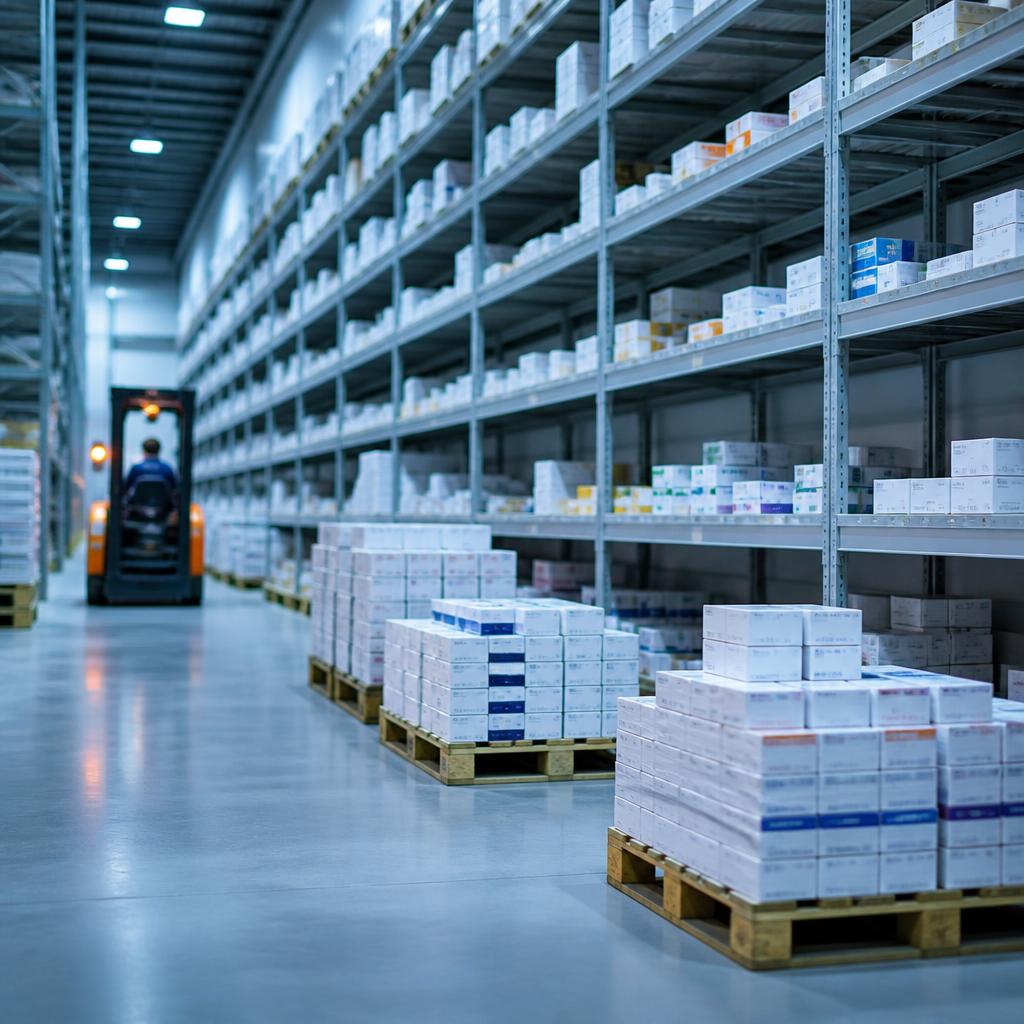 Pharmaceutical distribution warehouse with partially empty medicine shelves and pallets of boxes