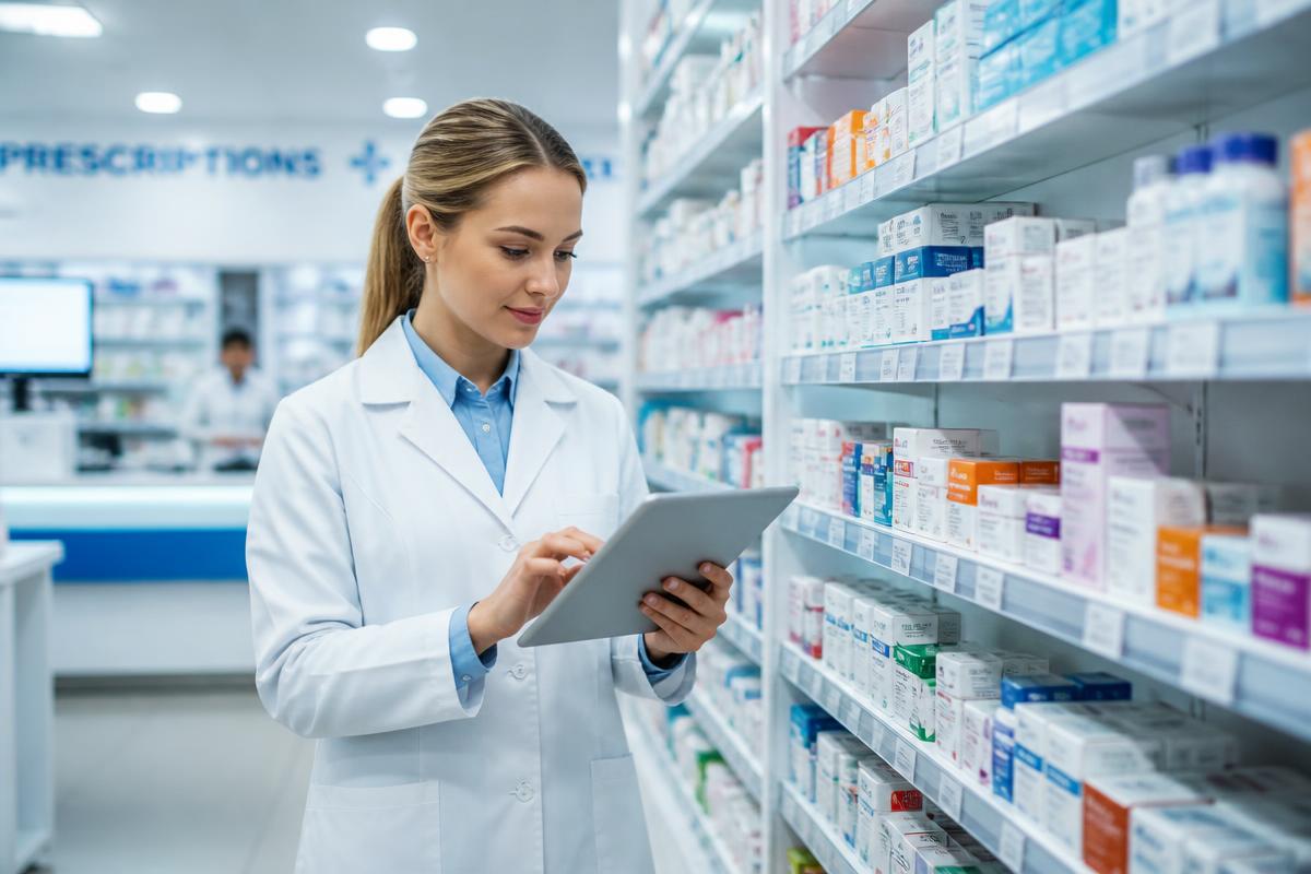 Pharmacist checking stocked medicine shelves in a pharmacy