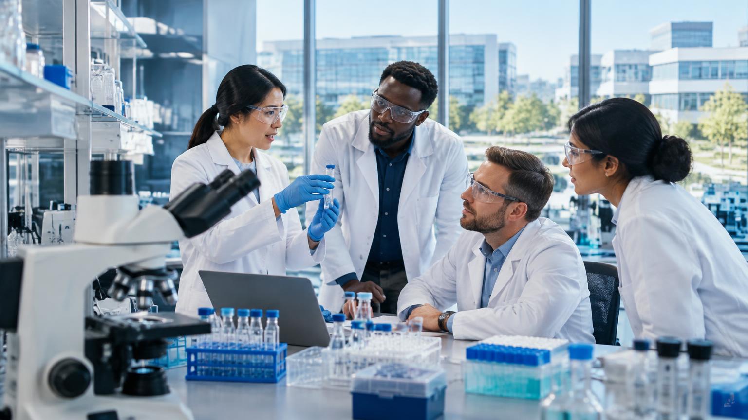 Scientists collaborating in a biotechnology laboratory