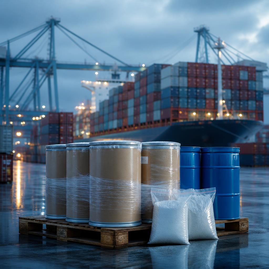 Pharmaceutical raw material drums on a pallet at an international container port