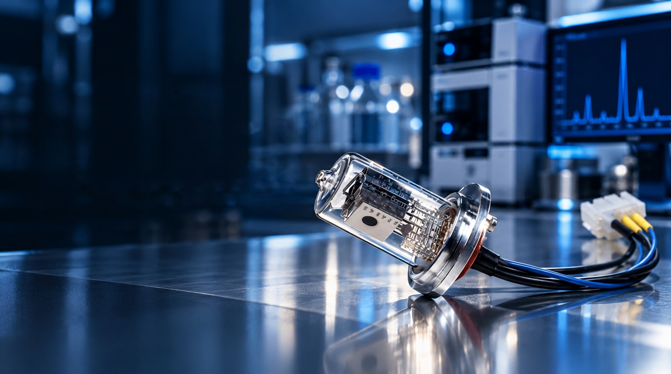 Deuterium lamp on a reflective laboratory surface