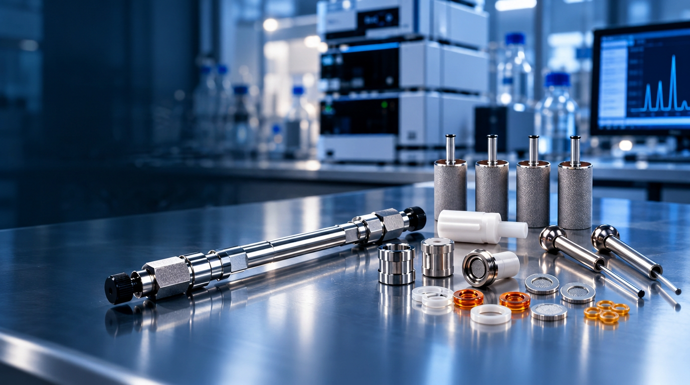 Analytical parts, PM kits, fittings and seals on a laboratory bench